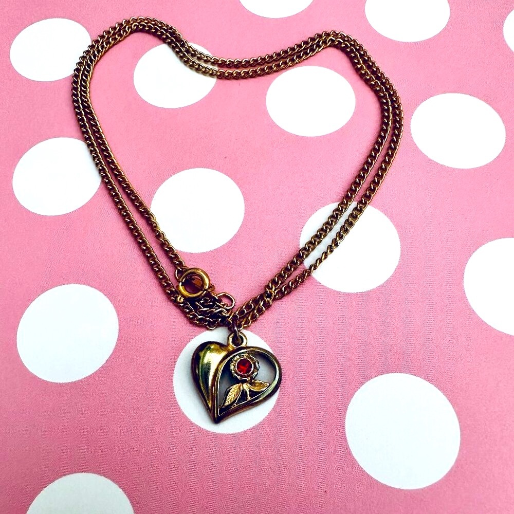 Vintage Heart Necklace Gold Tone Heart Necklace Red Rhinestone 9" chain Heart